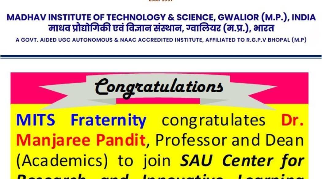 Dr. Manjaree Pandit, Professor and Dean (Academics) Joined SAU Center for Research and Innovative Learning (SCRIL), New Delhi as an Adjunct Faculty